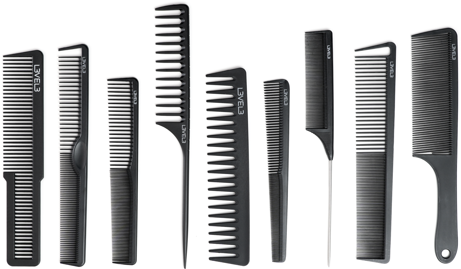 L3VEL3 Carbon Kamm Set 9-teilig – Profi Haarkamm-Set für Barbershop und Friseur