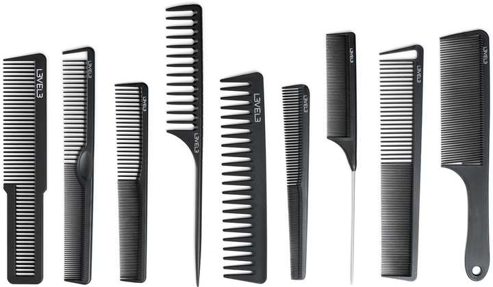 L3VEL3 Carbon Kamm Set 9-teilig – Profi Haarkamm-Set für Barbershop und Friseur